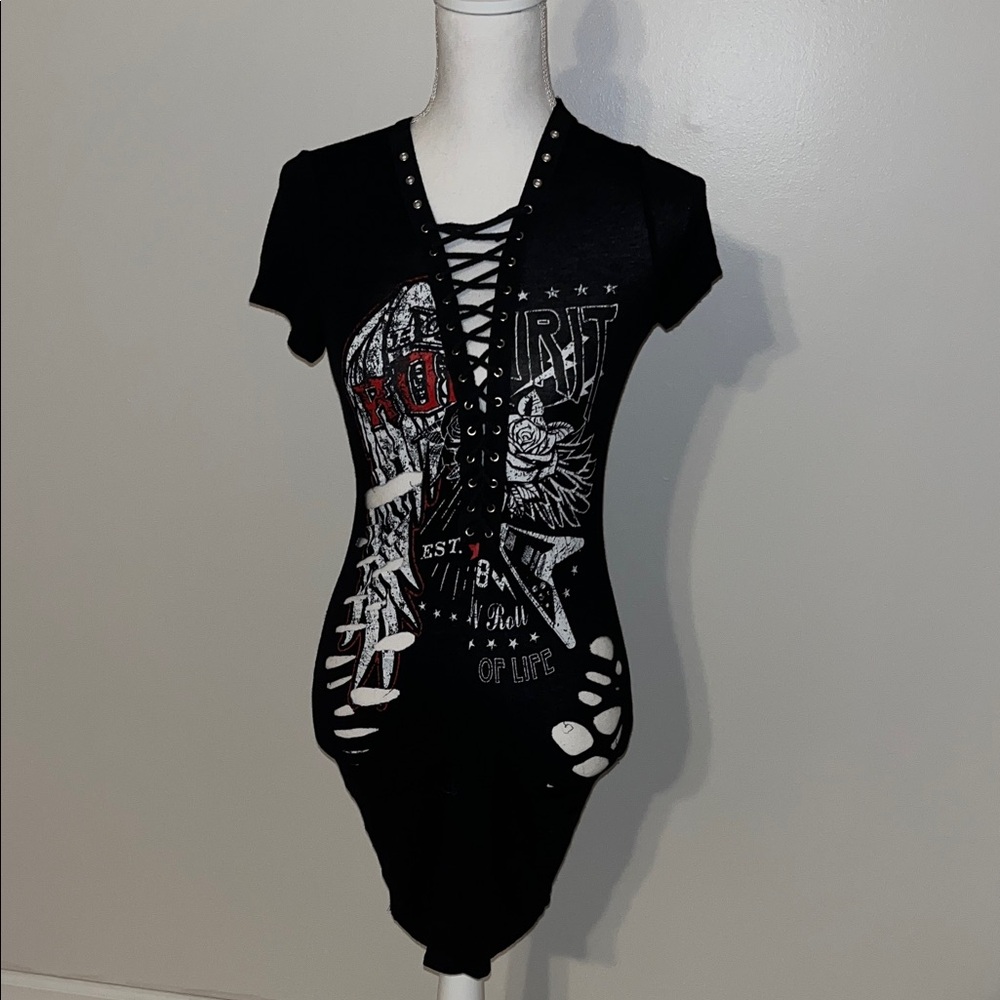 Windsor Black Dress with Red Graphic and Lace-Up Detail